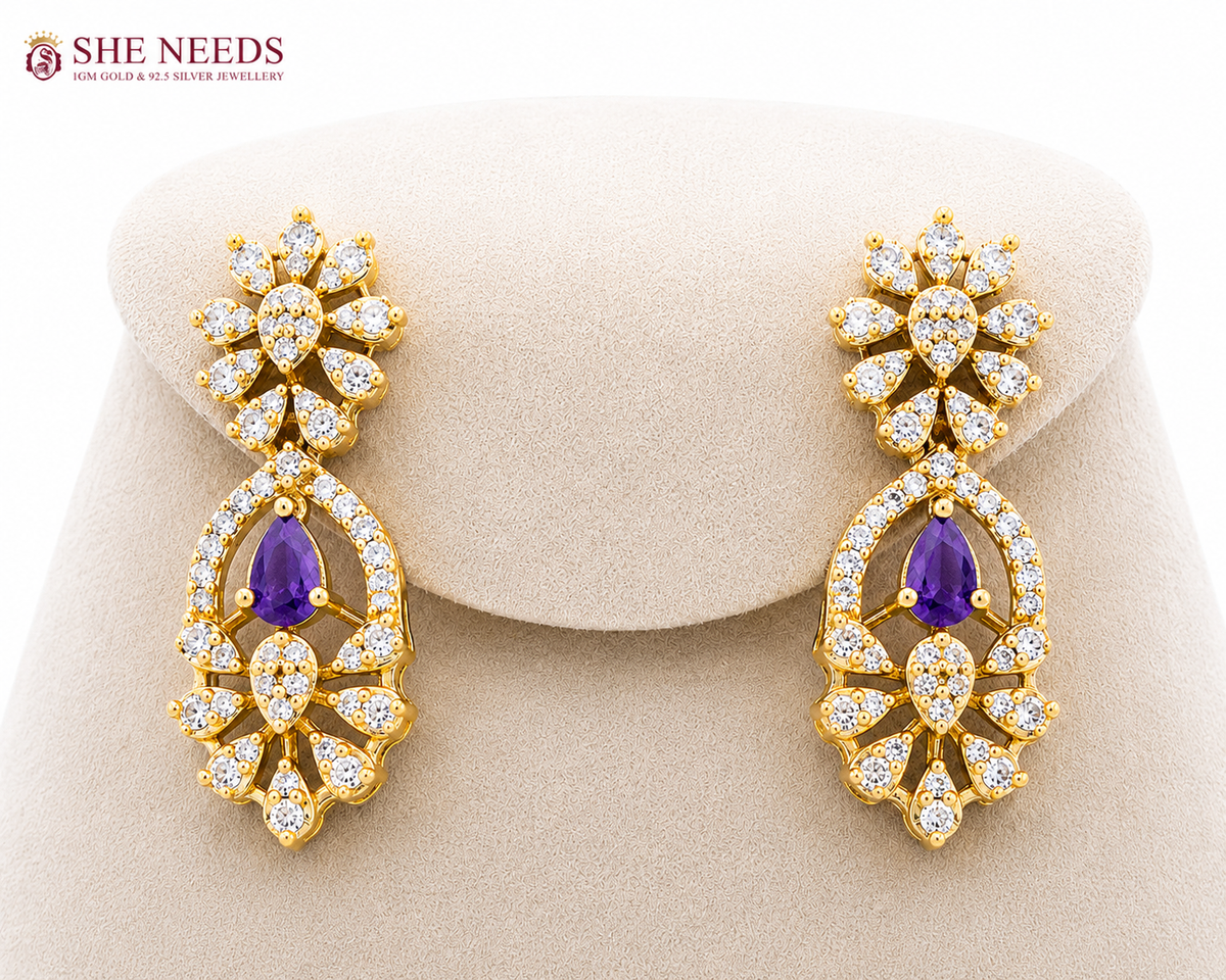 Gold Plated American Diamond Floral Necklace Set with Statement Drop Earrings