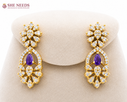 Purple Gold Plated American Diamond Statement Drop Earrings by She Needs Jewellery