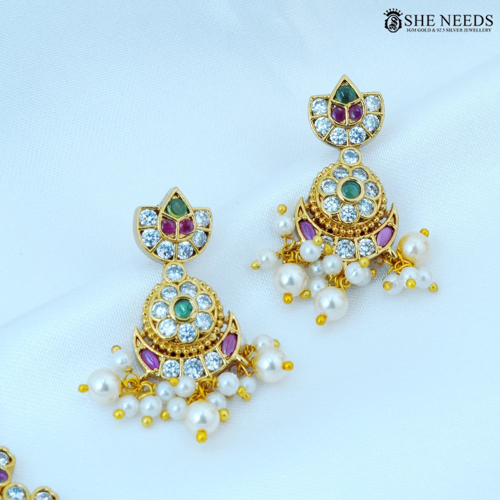 Pushpangi Gold Plated American Diamond Floral Necklace Set with Pearl Jhumka Earrings