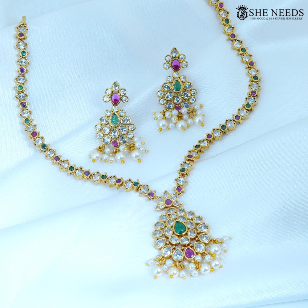Pushparaga Gold Plated American Diamond Floral Necklace Set with Pearl Jhumka Earrings