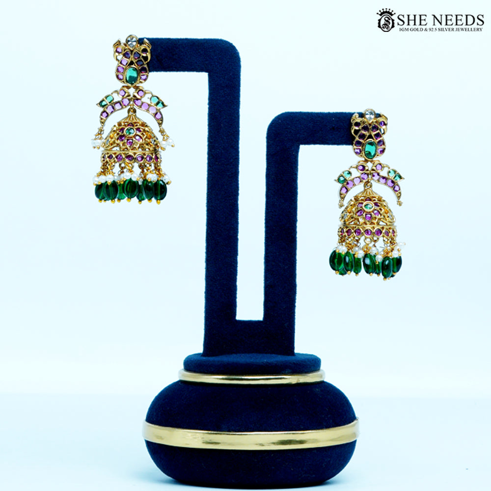 Pushpika Antique Gold Floral Arch Temple Jhumka Earrings with Green Beads