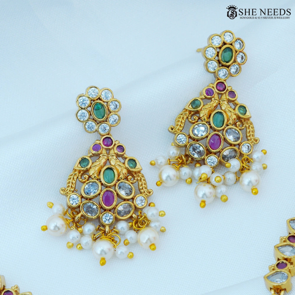 Pushpika Gold Plated American Diamond Floral Necklace Set with Pearl Jhumka Earrings