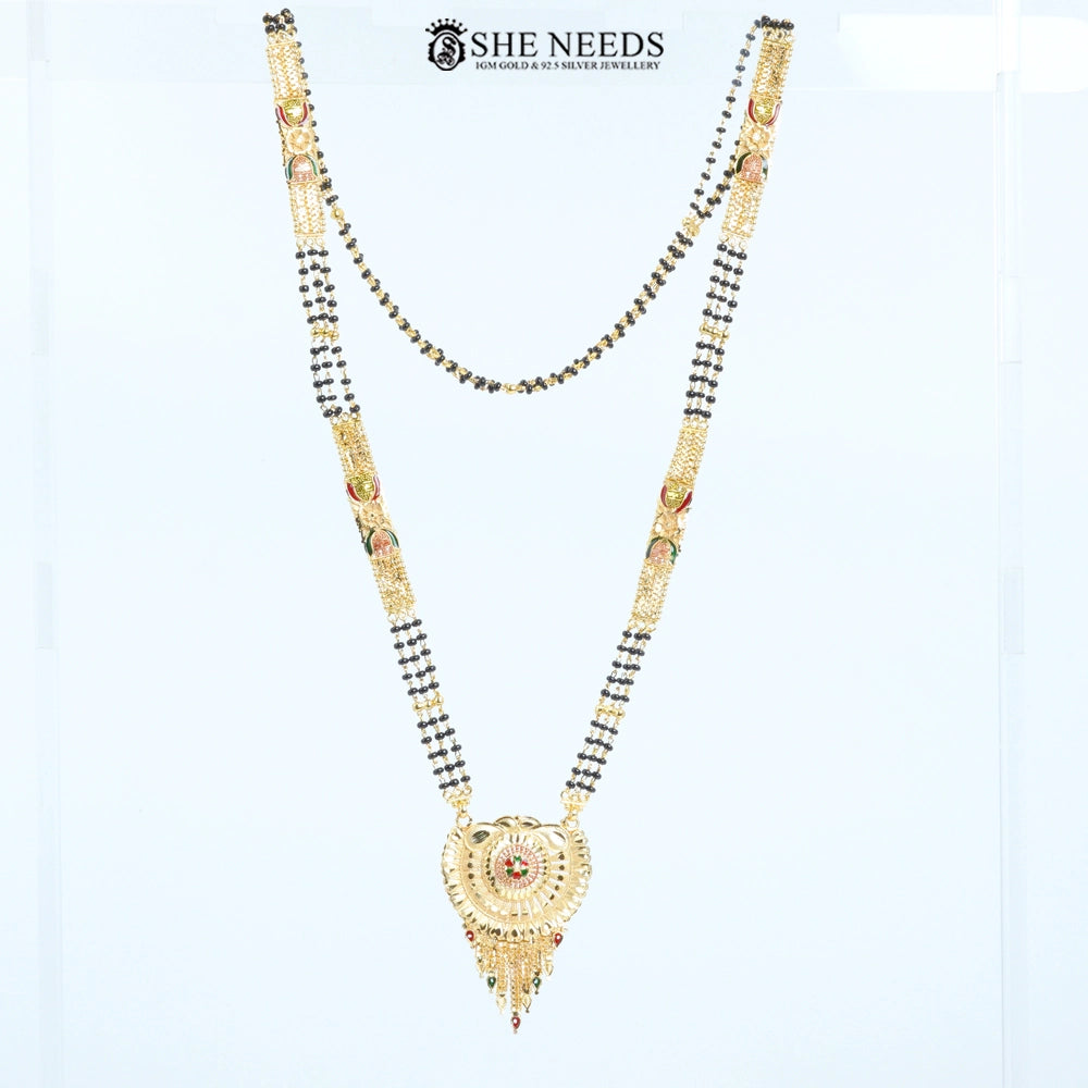 Full view of Rajeshwari Gold Plated Traditional Mangalsutra featuring a designer circular pendant with black bead chain and red-green enamel detailing. | She Needs Jewellery