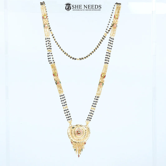 Full view of Rajeshwari Gold Plated Traditional Mangalsutra featuring a designer circular pendant with black bead chain and red-green enamel detailing. | She Needs Jewellery