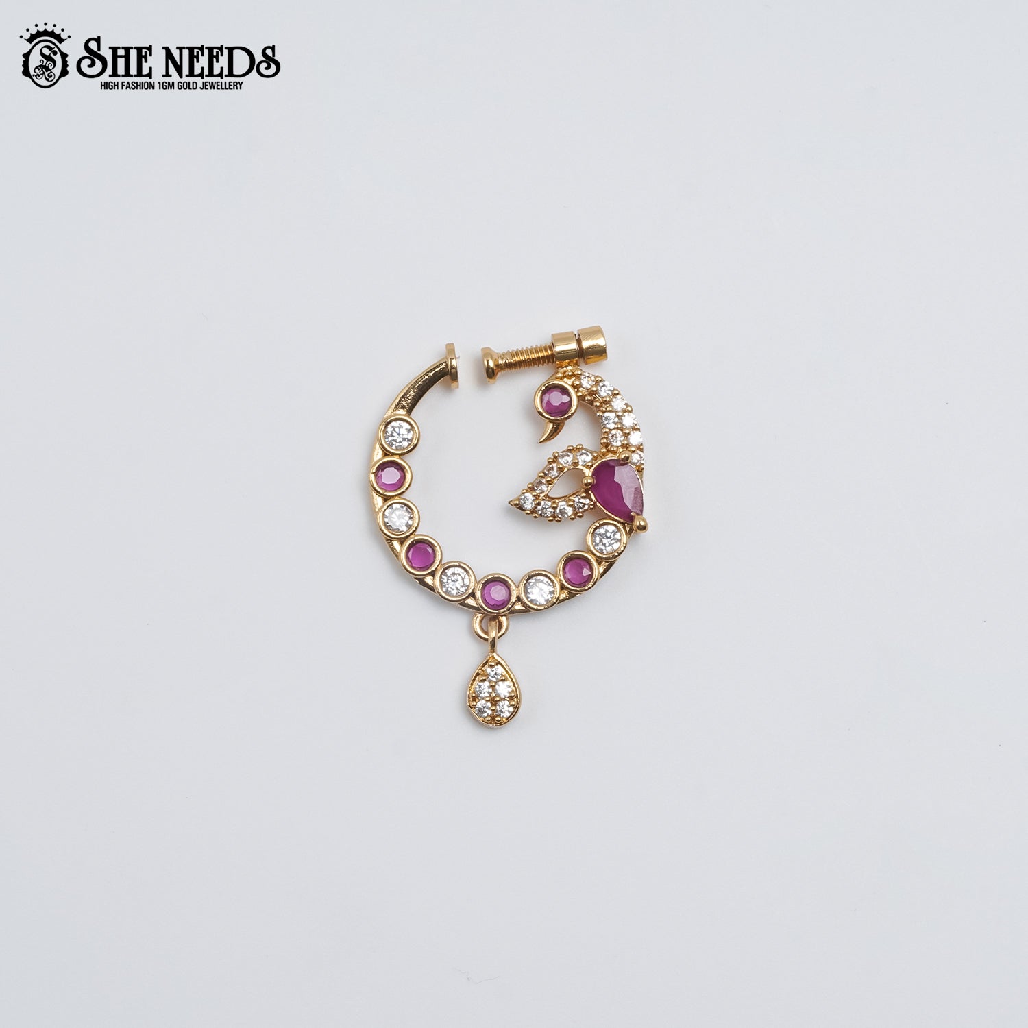 Regal Peacock Nose Ring featuring a peacock-inspired design with ruby-colored stones, sparkling Cubic Zirconia accents, and a premium gold finish.|She Needs Jewellery
