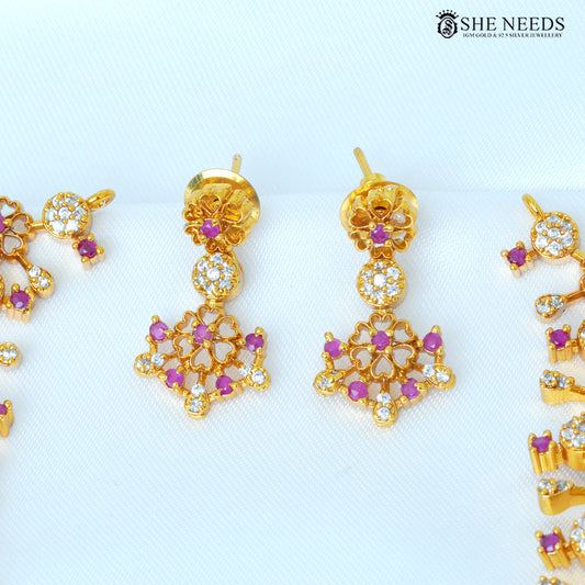 Roselle Bloom ruby floral drop earrings with sparkling white stones and gold finish|She Needs Jewellery

