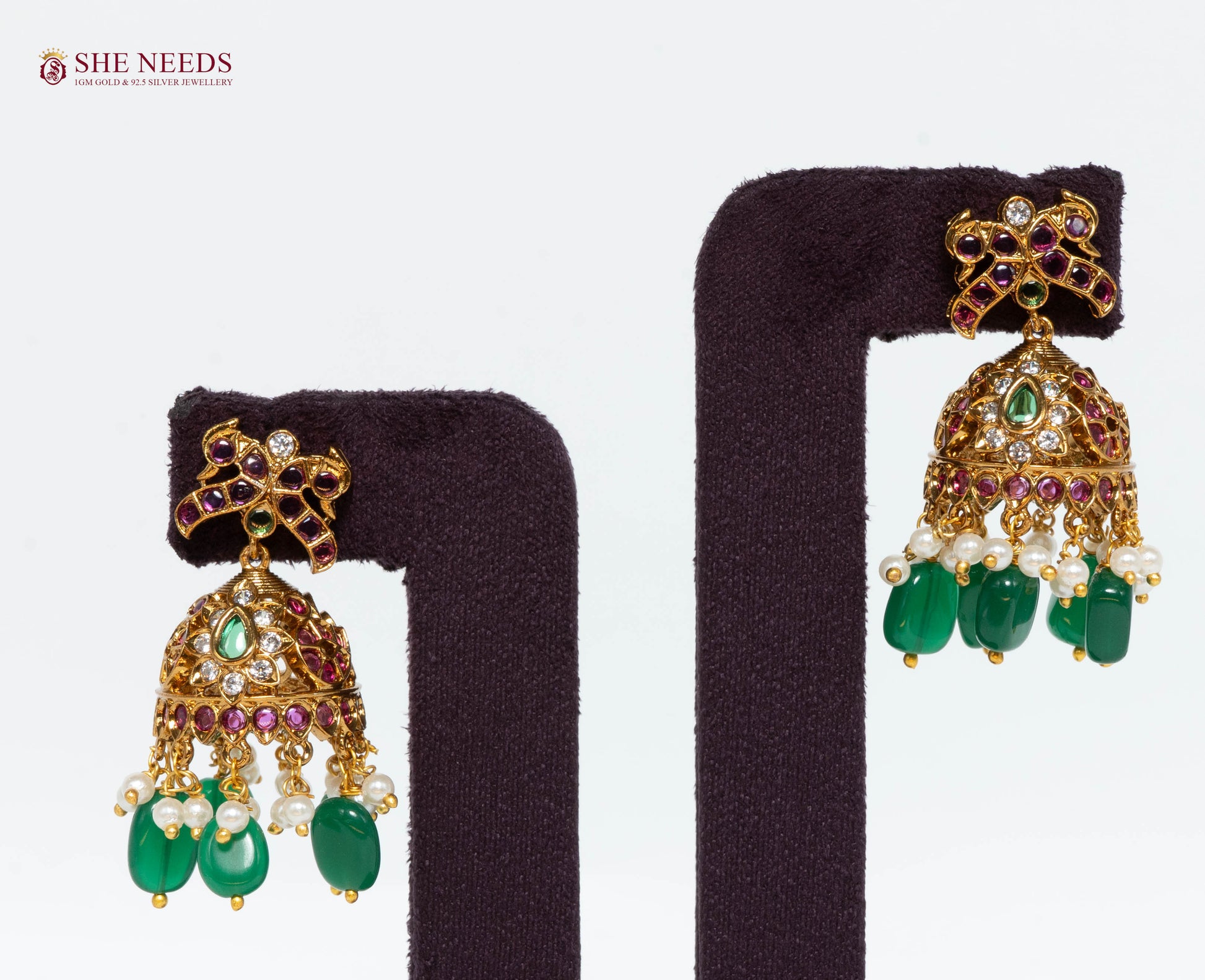 Royal Antique Green Beaded Temple Jhumka Earrings with Ruby Stones, Emerald Green Beads, Pearl Hangings, and Antique Gold Finish