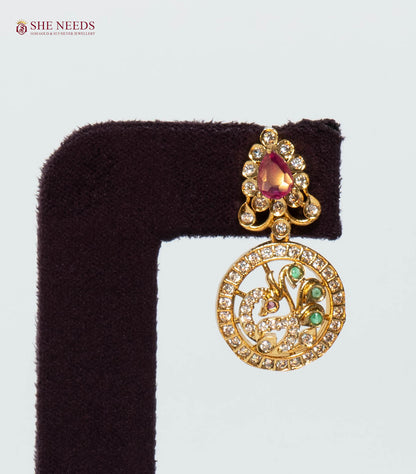 Royal Antique Lakshmi Coin Drop Earrings with Ruby Stone, Emerald Green Accents, White CZ Stones, and Antique Gold Finish