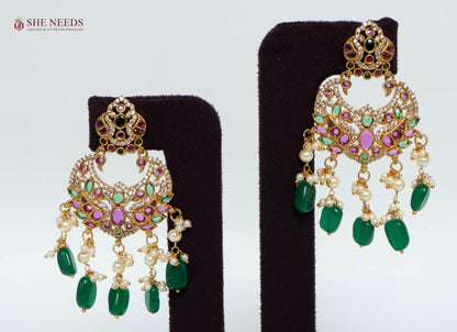 Royal Emerald Chandbali Pearl Drop Earrings with American Diamonds, Green Stones, Pink Accents and Pearl Clusters|She Needs Jewellery
