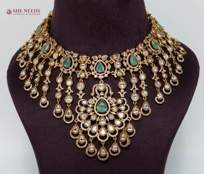 Royal Emerald Green Kundan Bridal Choker Necklace Set with Matching Earrings and Maang Tikka in Antique Gold Finish for Wedding and Bridal Wear