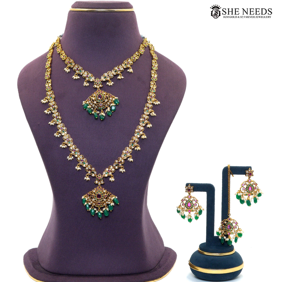 Royal Emerald Kundan Long Necklace Set with Matching Earrings