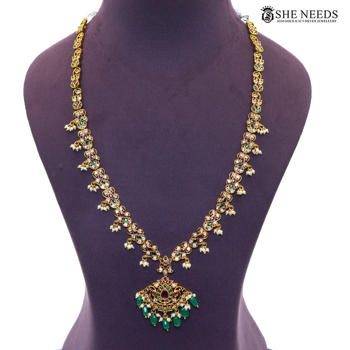Royal Emerald Kundan Long Necklace Set with Matching Earrings