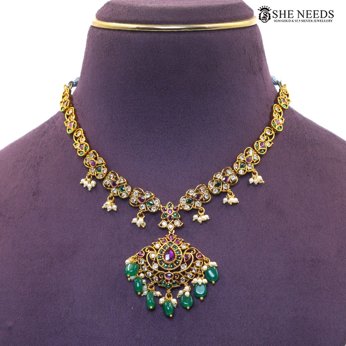 Royal Emerald Kundan Long Necklace Set with Matching Earrings