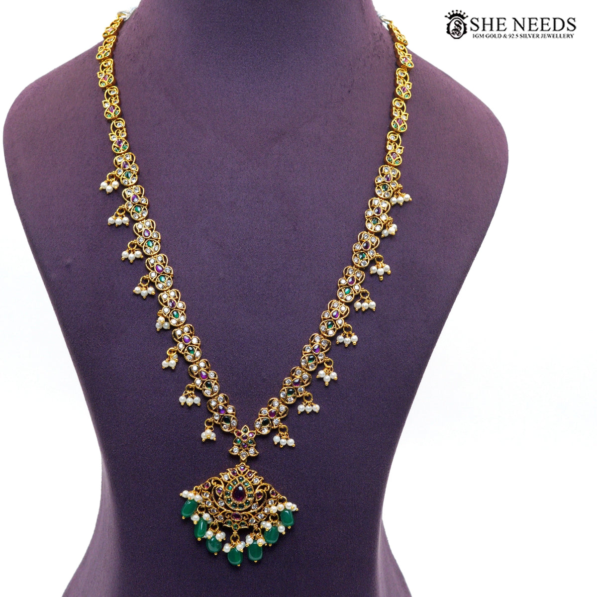 Royal Emerald Ruby Temple Necklace Set with Matching Earrings