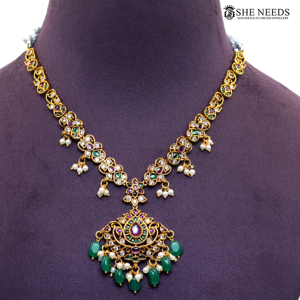 Royal Emerald Ruby Temple Necklace Set with Matching Earrings
