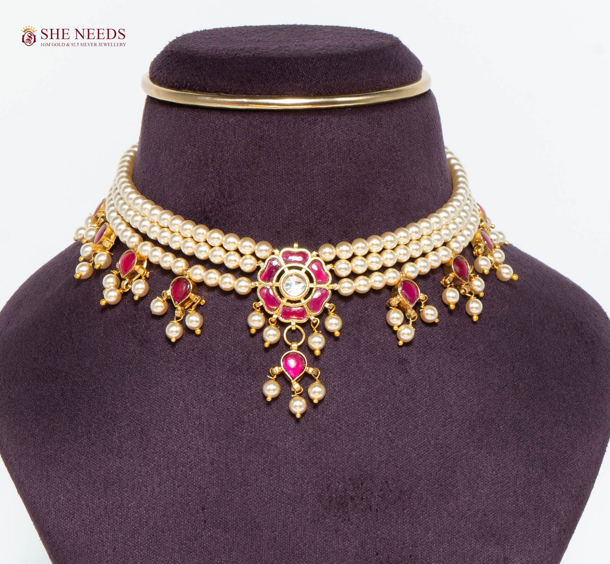 Royal Gold Pearl Choker Necklace with Pink Stones & Pearl Drops