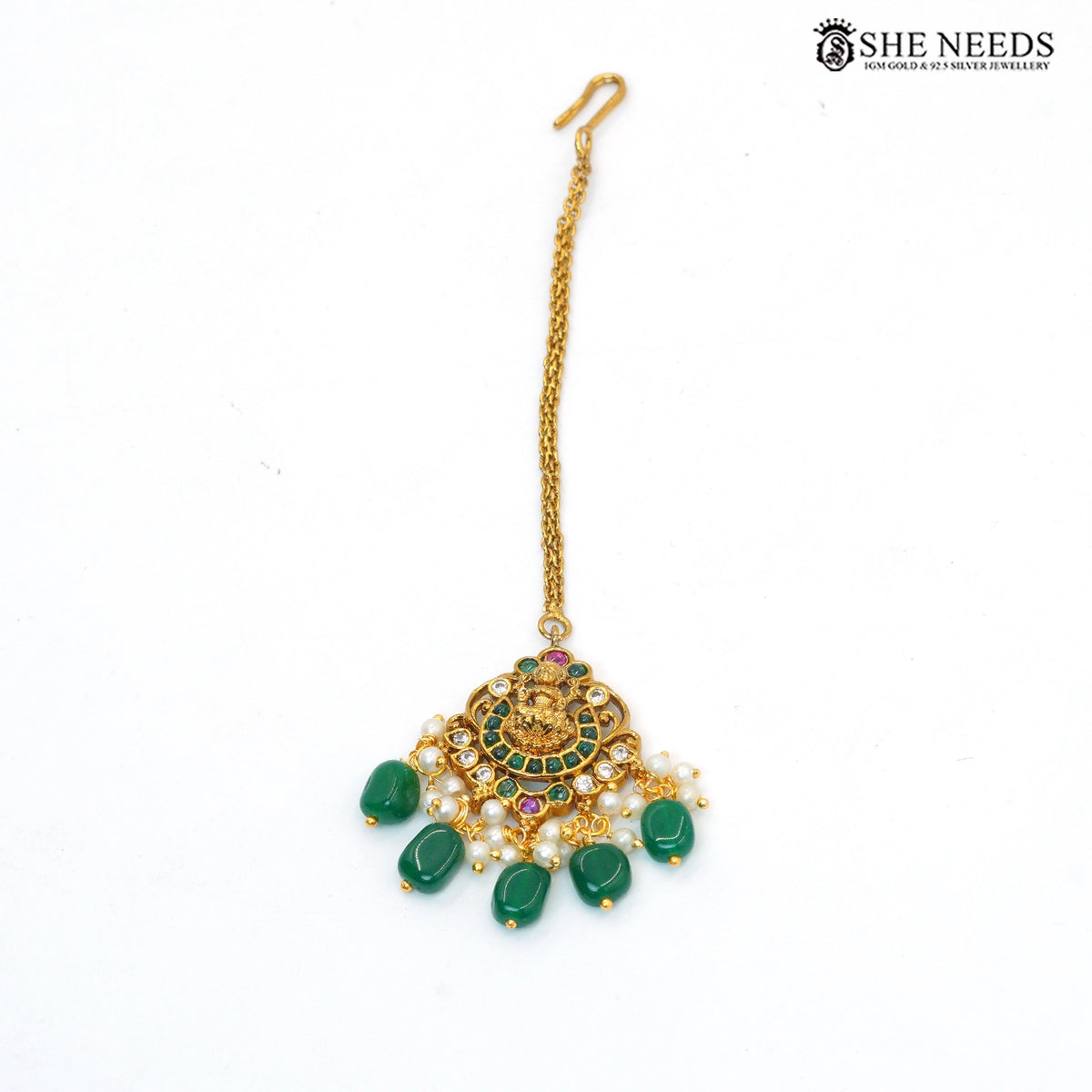 Royal Lakshmi Temple Necklace Set with Emerald Green Beads & Earrings