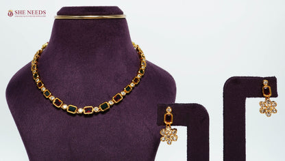 Royal Navaratna Floral Necklace Set with Ruby and Emerald Stones, American Diamond Necklace and Matching Floral Earrings|She Needs Jewellery
