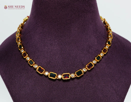 Royal Navaratna gemstone chain necklace with ruby and emerald rectangular stones, American diamonds and premium gold plating|She Needs Jewellery
