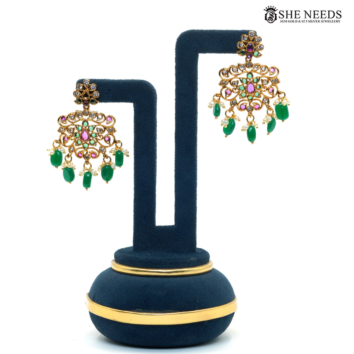 Royal Peacock Temple Necklace Set & Emerald Jhumka Earrings