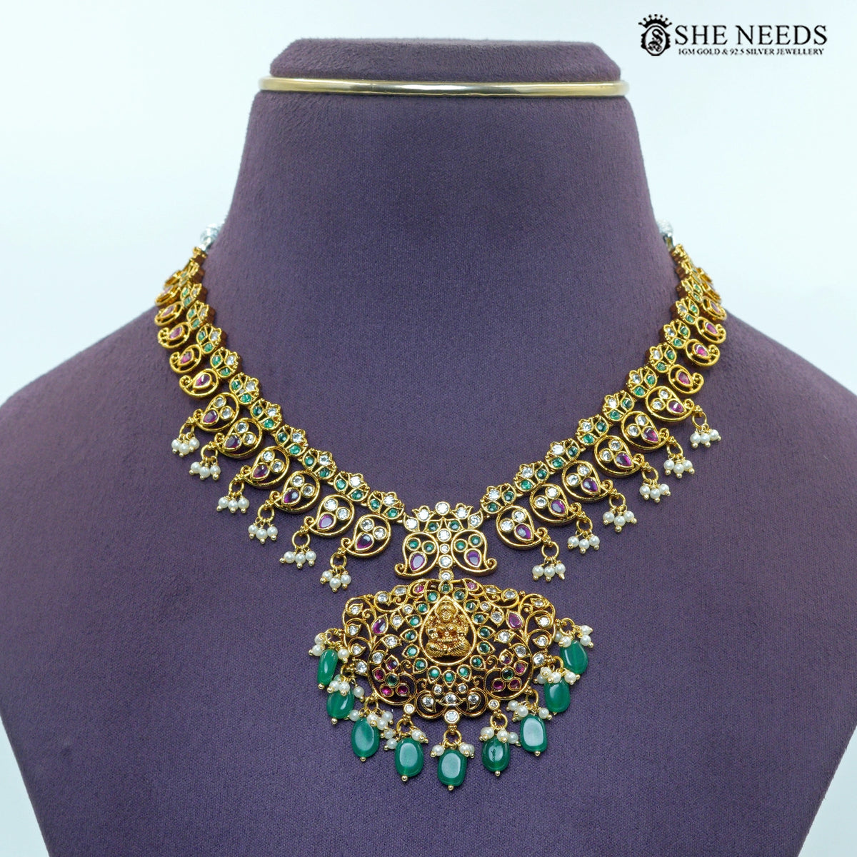 Royal Peacock Temple Necklace Set & Emerald Jhumka Earrings