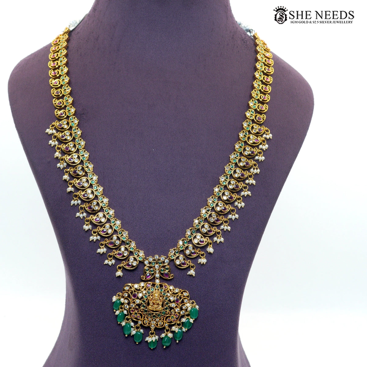 Royal Peacock Temple Necklace Set & Emerald Jhumka Earrings