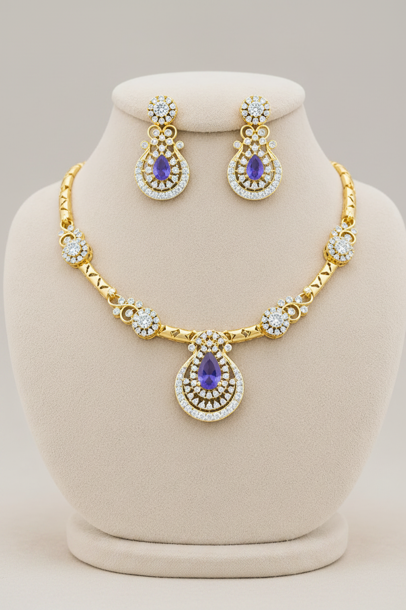 Royal Purple American Diamond Stone Gold Plated Necklace Set