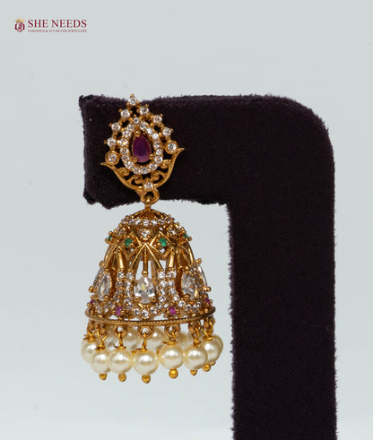 Royal Ruby Filigree Pearl Jhumka Earrings with American Diamonds, Green Stones and Pearl Drops|She Needs Jewellery
