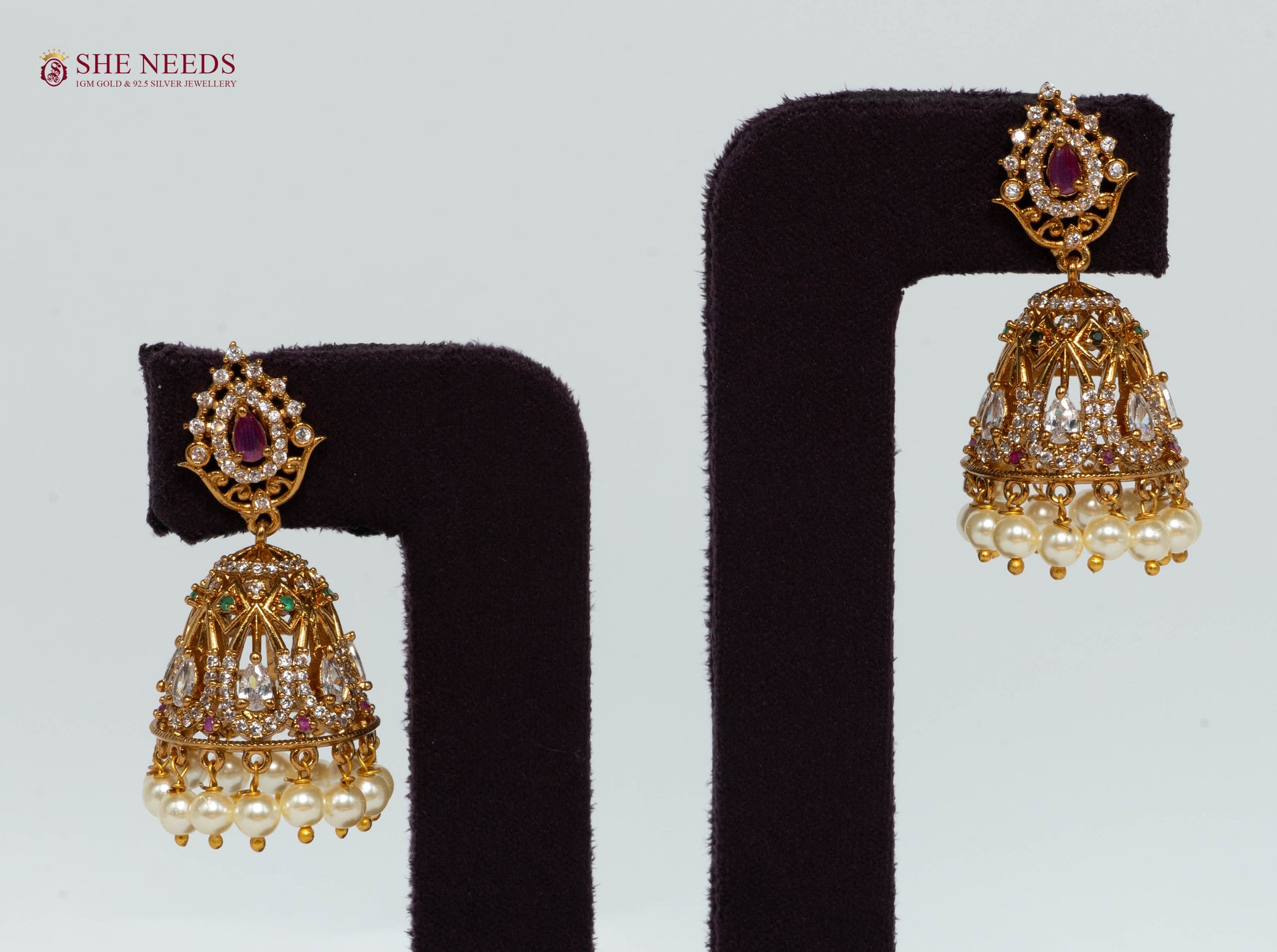 Royal Ruby Filigree Pearl Jhumka Earrings with American Diamonds, Green Stones and Pearl Drops|She Needs Jewellery
