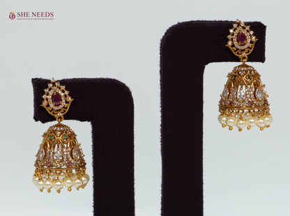 Royal Ruby Filigree Pearl Jhumka Earrings with American Diamonds, Green Stones and Pearl Drops|She Needs Jewellery
