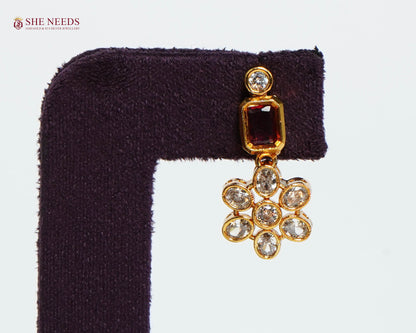 Royal ruby floral drop earrings with American diamonds, gold plating and floral gemstone design|She Needs Jewellery
