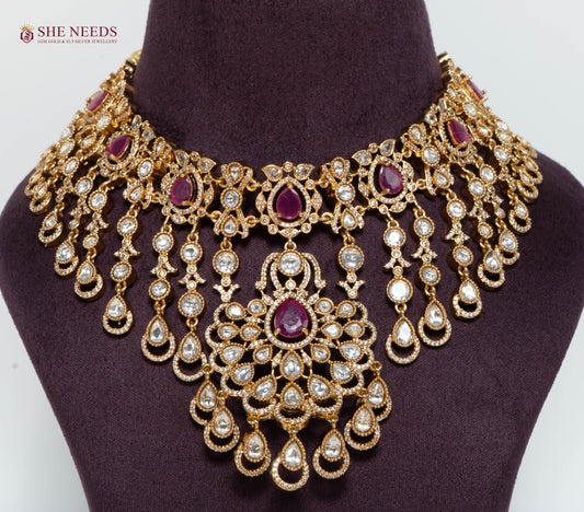 Royal Ruby Kundan Bridal Choker Necklace Set with Matching Earrings and Maang Tikka in Antique Gold Finish for Wedding and Festive Wear