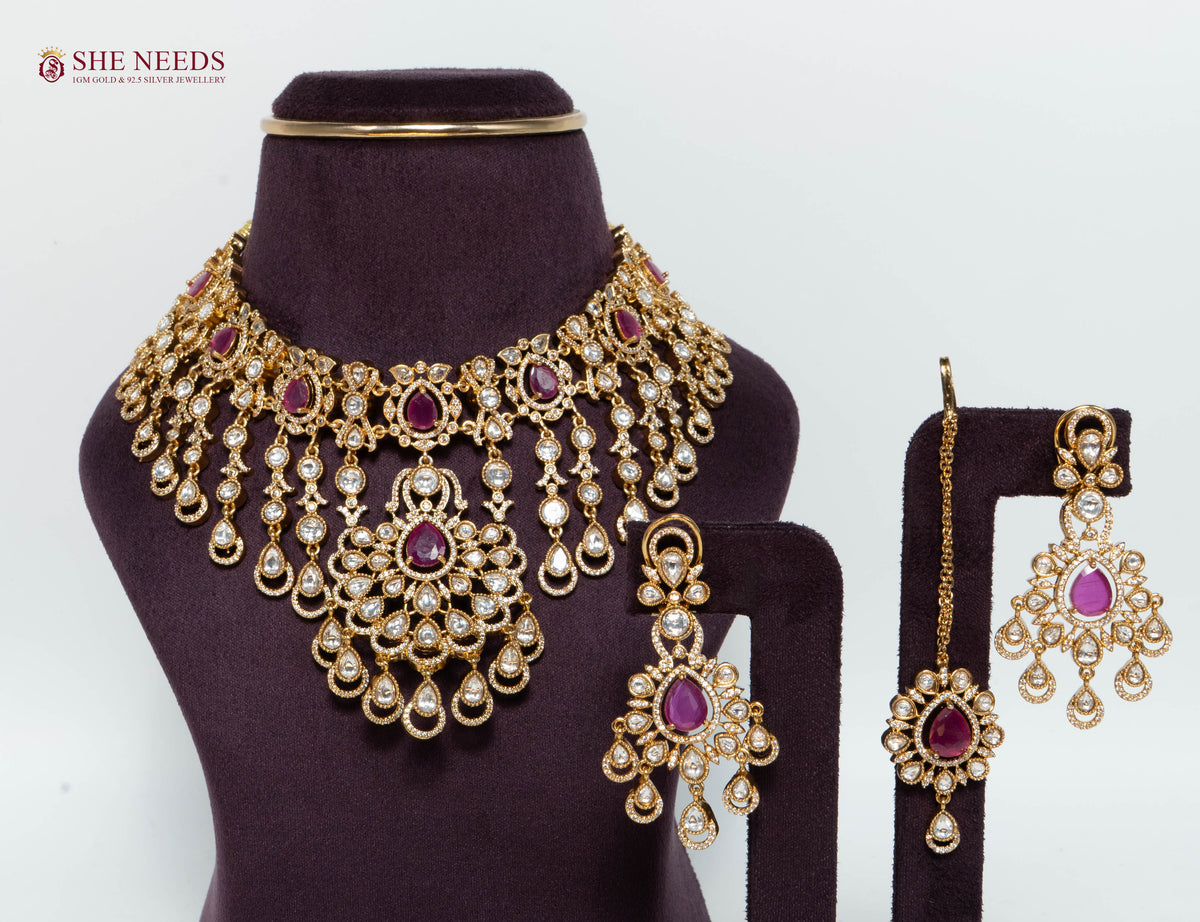 Ruby Kundan Bridal Choker Necklace Set with Maang Tikka