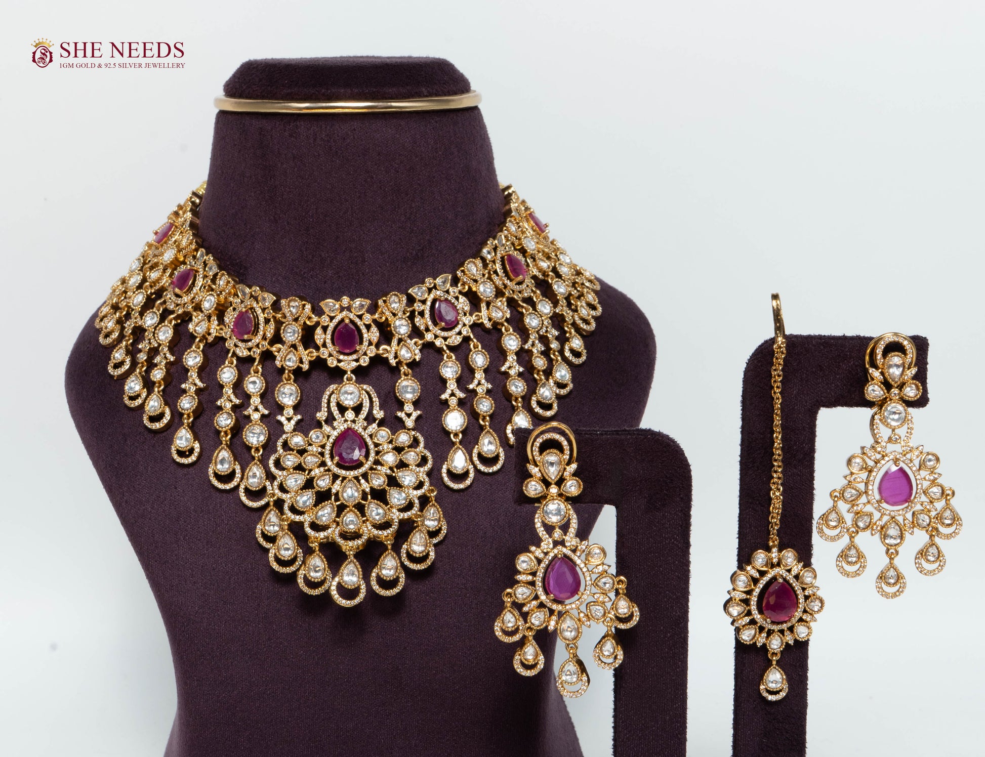 Royal Ruby Kundan Bridal Choker Necklace Set with Matching Earrings and Maang Tikka in Antique Gold Finish for Wedding and Festive Wear