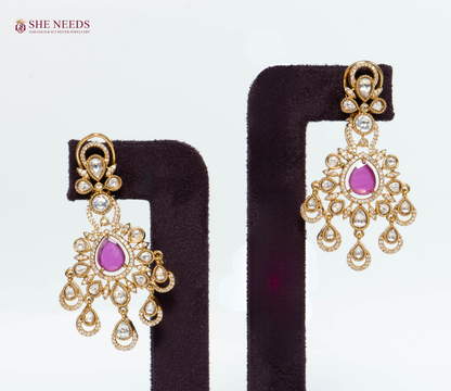 Royal Ruby Kundan Chandelier Earrings with White Kundan Stones and Antique Gold Finish for Bridal, Wedding, and Festive Wear