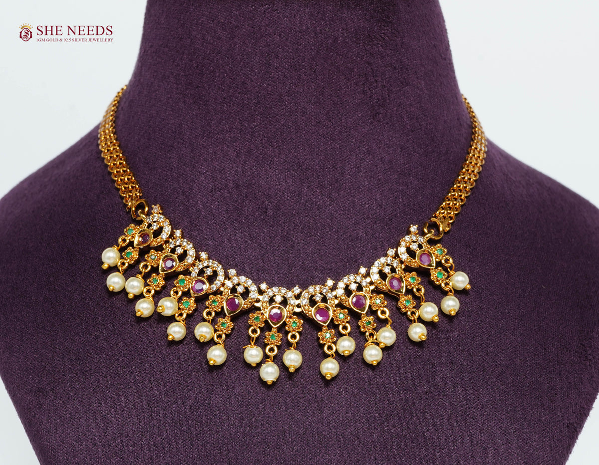 Royal Ruby Pearl Fringe Necklace Set with AD Stones