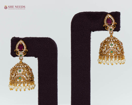Royal Ruby Pearl Jhumka Earrings with American Diamonds, ruby teardrop stone, green accents and pearl drops by She Needs Jewellery