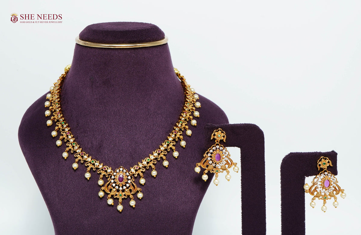 Royal Ruby Pearl Peacock Necklace Set