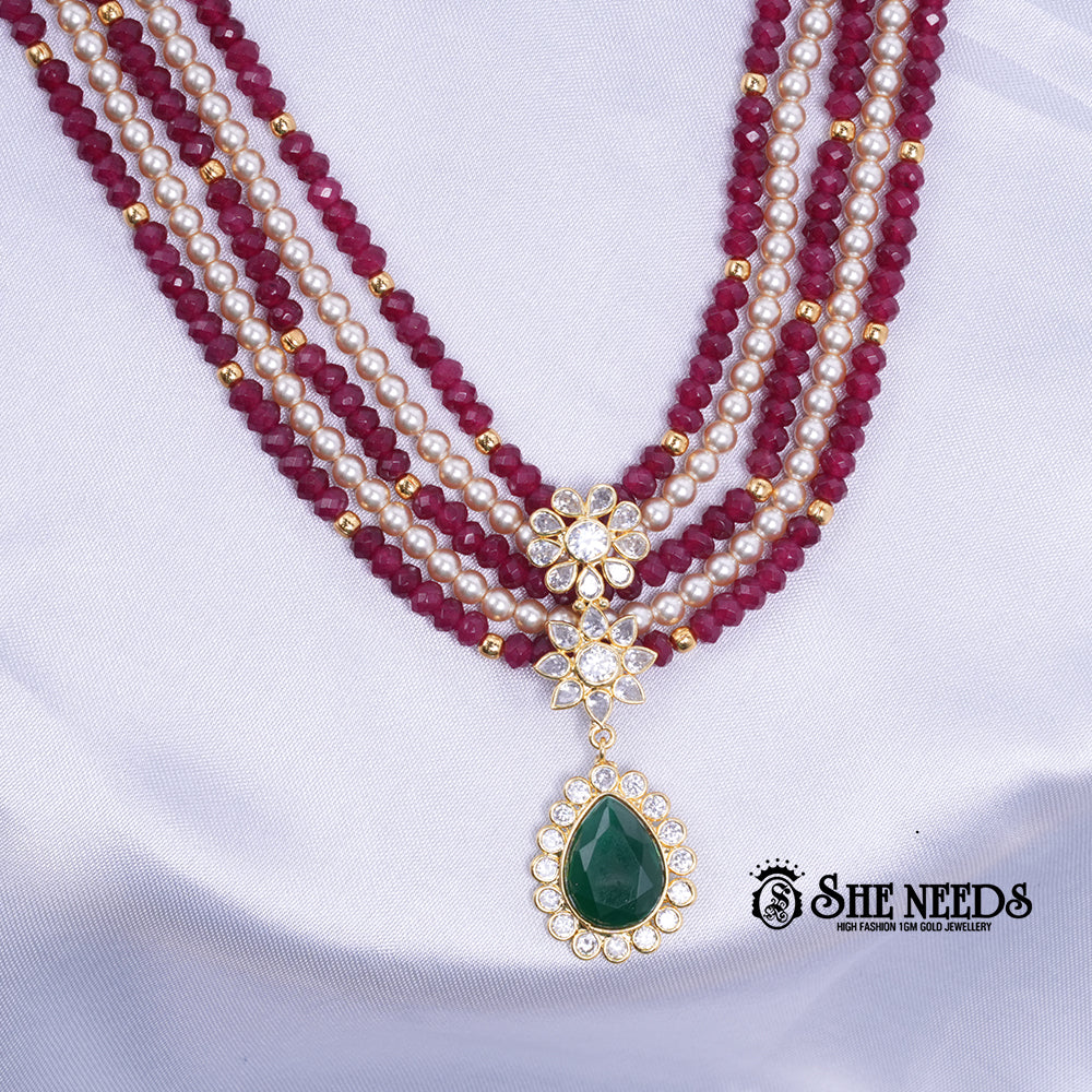 Ruby Pearl Emerald Drop Necklace with pearl strands and emerald pendant