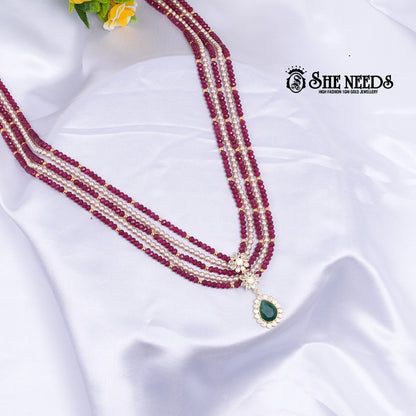 Ruby Pearl Emerald Drop Necklace with pearl strands and emerald pendantRuby Pearl Emerald Drop Necklace with pearl strands and emerald pendant