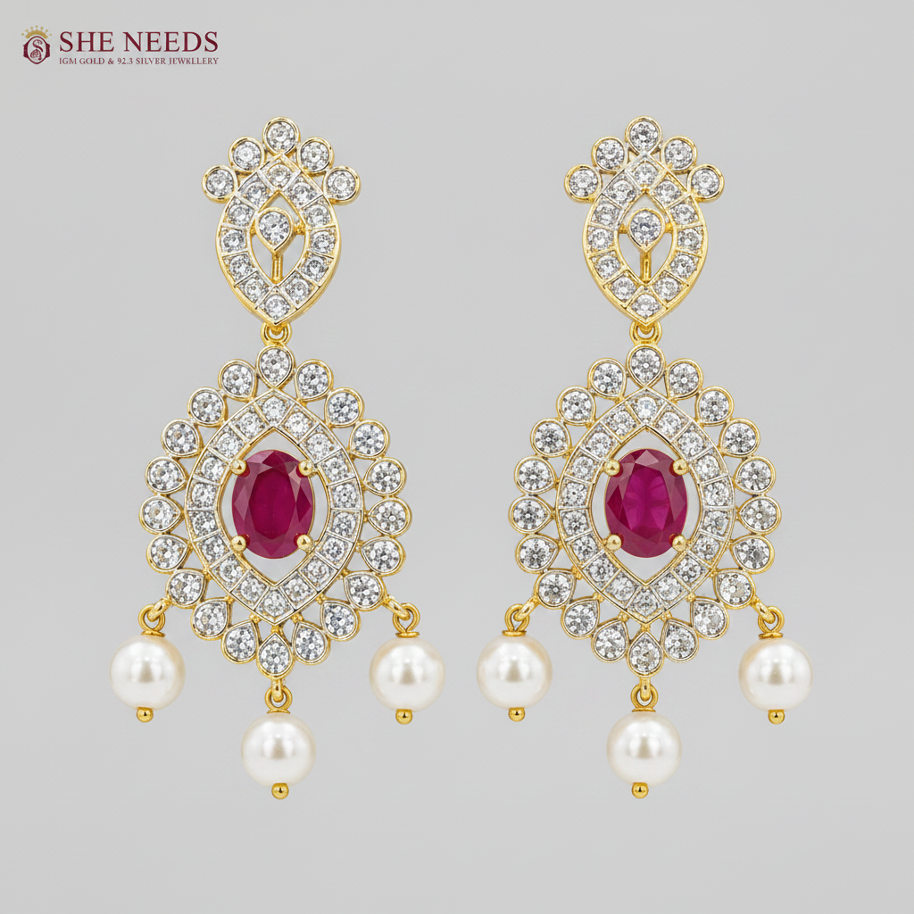Ruby Pink American Diamond Stone Bridal Necklace Set with Pearl Drop Earrings