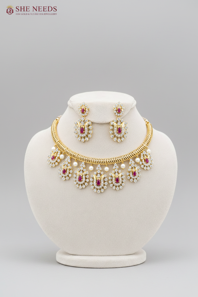 Ruby Pink American Diamond Stone Pearl Drop Choker Necklace Set
