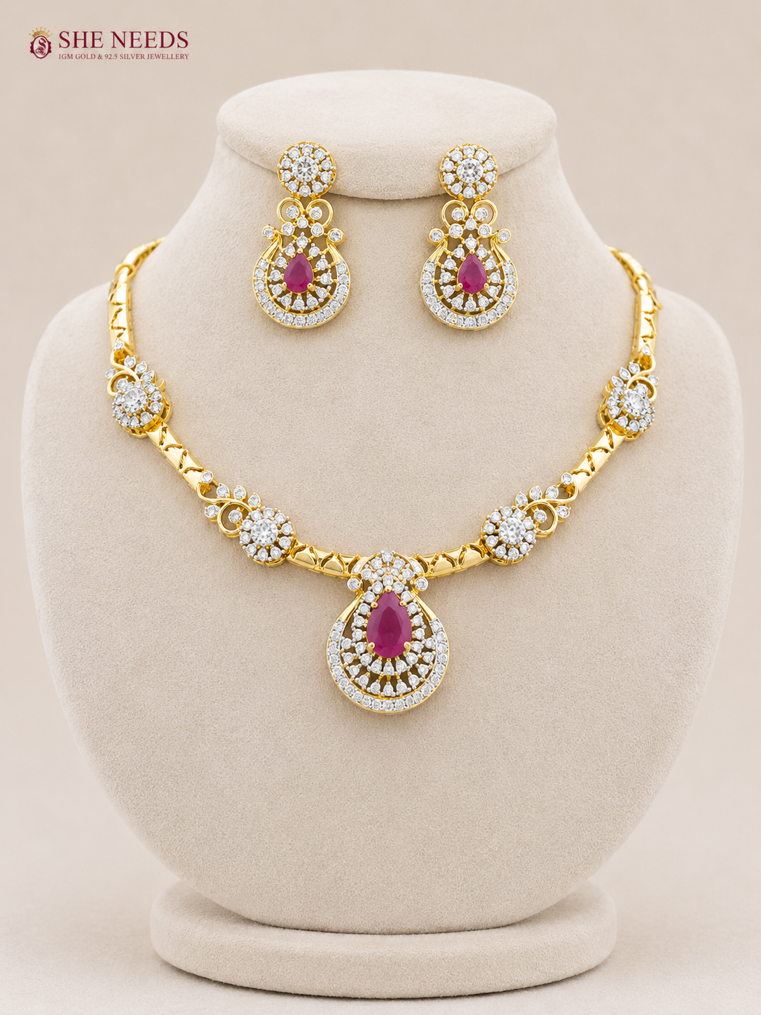 Ruby Pink American Diamond Stone Pendant Necklace Set with Designer Earrings
