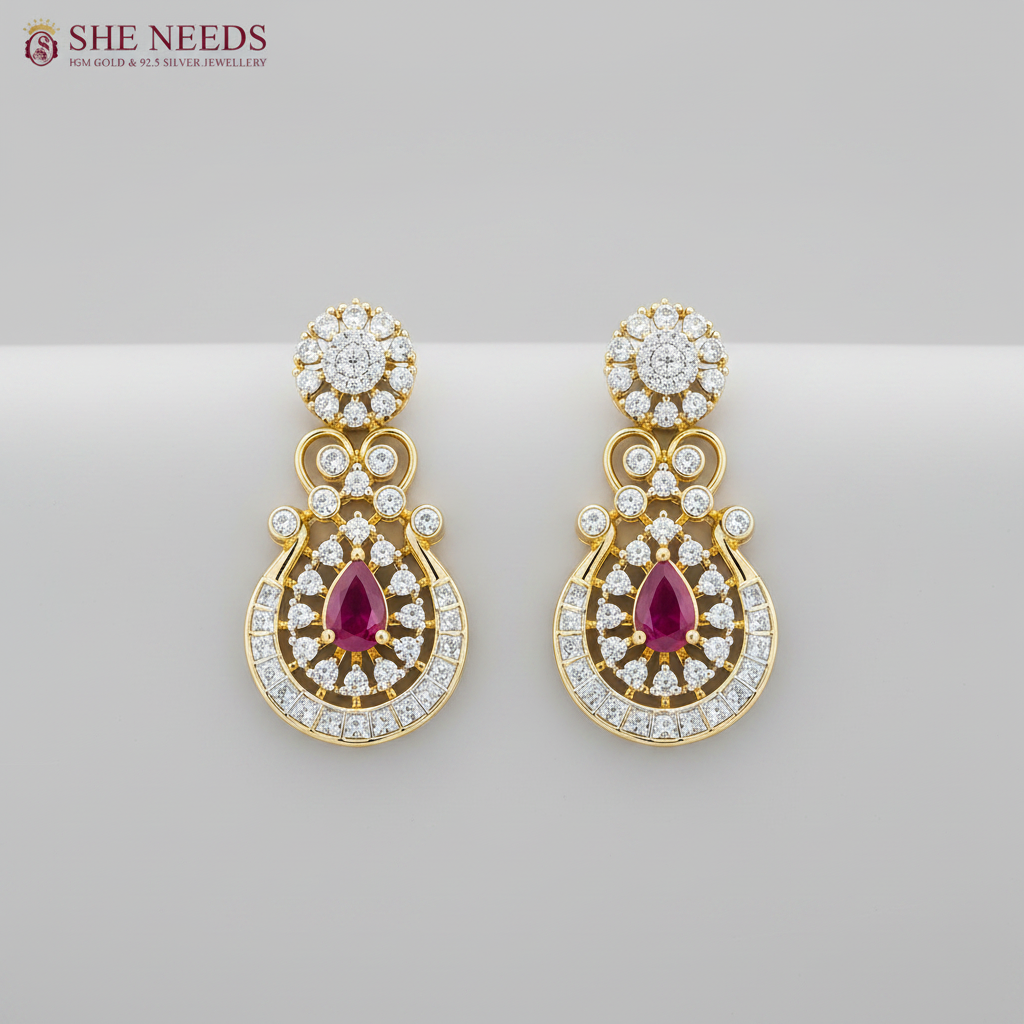 Elegant ruby pink AD stone pendant necklace set with matching designer earrings in premium gold finish displayed on white mannequin.