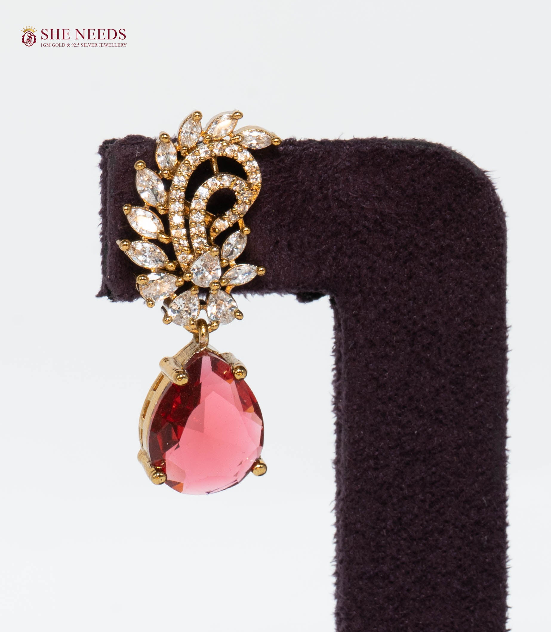 Ruby Red Crystal Drop Earrings with American Diamonds in Gold Plated Finish