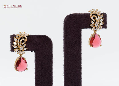 Ruby Red Crystal Drop Earrings with American Diamonds in Gold Plated Finish