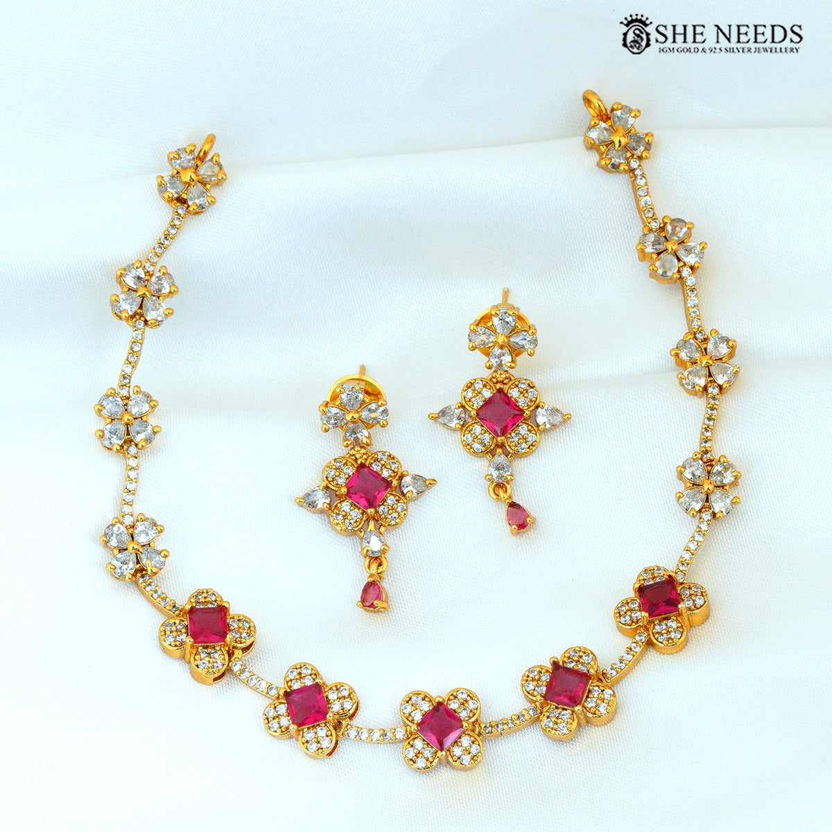 Ruby Stone Floral Gold-Plated Necklace Set