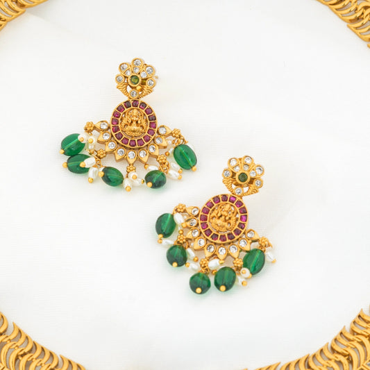 Lakshmi nakshi long haram necklace set with green beads