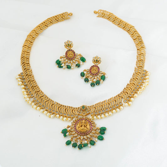 Lakshmi nakshi long haram necklace set with green beads