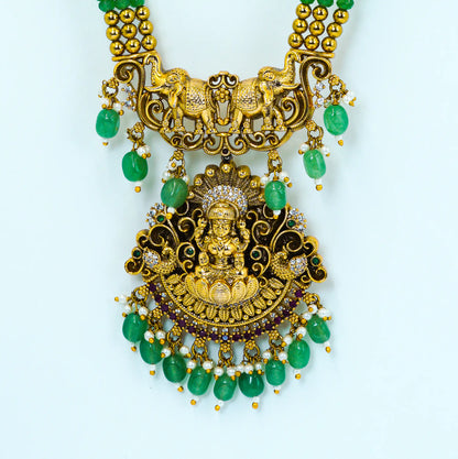 Emerald Green Temple Lakshmi Beads Necklace Set
